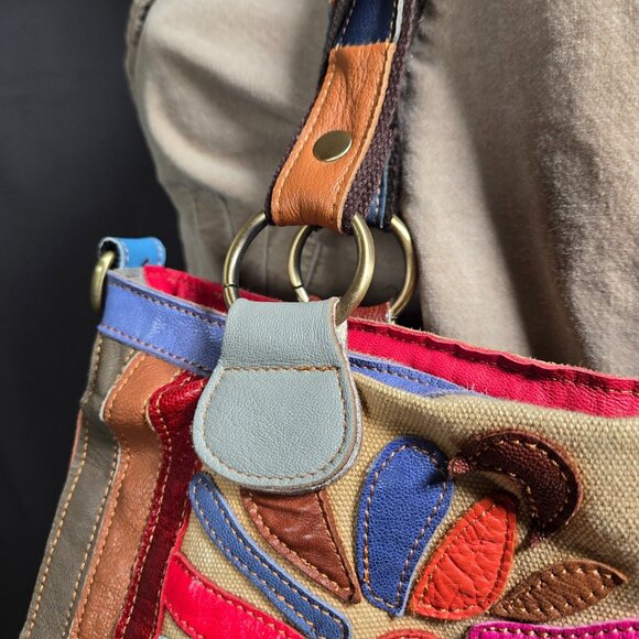 Boho Patchwork Leather Bag Studded Large Canvas Shoulder Handbag Tote Colorful - Picture 6 of 14